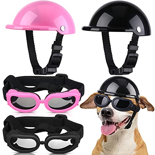 Frienda 4-teiliges Set mit 10,2 cm großem, gepolstertem Haustier-Motorradhelm und Hundesonnenbrille, Sicherheitskappe und entzückende Haustierbrille mit verstellbarem Gürtel, für kleine Hunde, Reiten, von Frienda