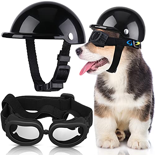 Frienda Haustier-Hundehelm und Hundebrillen-Set, gepolstert, 10.2 cm, Motorradhelm, entzückende Welpenbrille mit verstellbarem Gürtel für kleine Hunde, Größe S (schwarz), 2 Piece Set von Frienda