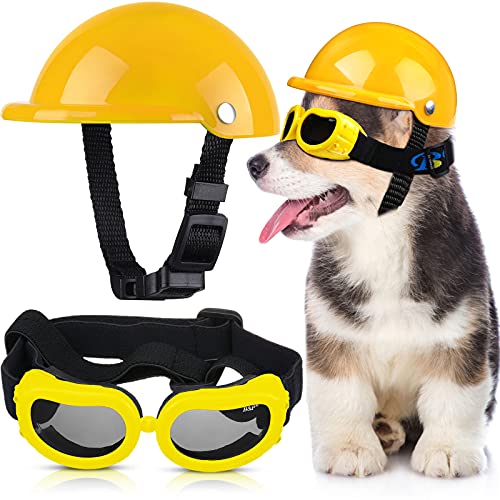 Haustier-Hundehelm und Hundebrillen-Set, gepolstert, 10.2 cm, Motorradhelm, Hunde-Sonnenbrille, Sicherheitskappe, entzückende Welpenbrille mit verstellbarem Gürtel für kleine Hunde, Größe S (Gelb) von Frienda