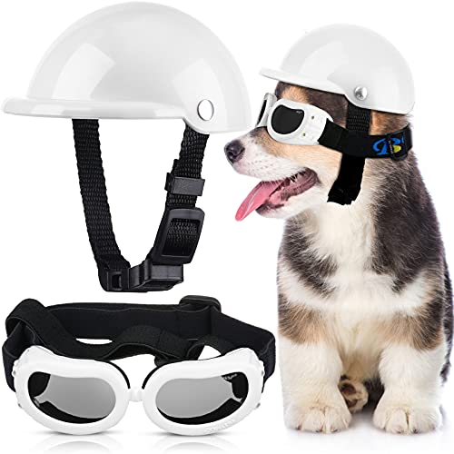 Kleiner Hundehelm, UV-Schutz, Hundebrille, Haustier, Motorrad, harte Sicherheitsmütze mit verstellbarem Gürtel, winddicht, schneefest, Augenkopfschutz für Welpenreiten, S-Größe, S-Größe (weiß) von Frienda