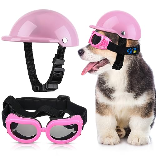 Kleiner Hundehelm-Schutzbrille, UV-Schutz, Hunde-Sonnenbrille, Haustier-Hundebrille, Motorrad, harte Sicherheitshut mit verstellbarem Gürtel, Augenkopfschutz für Welpenreiten, Größe S (Rosa) von Frienda