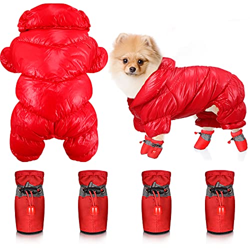 Warmer Wintermantel und Schuhe, Set für Hunde, Schneejacke, wasserdicht, Fleece, Hunde-Schneeanzug, Ganzkörper-Pufferjacke, Weste, Stiefel, Pfotenschutz mit reflektierendem Riemen, für kleine Hunde, von Frienda