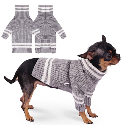 Frienperro Hundepullover, Gestreifter Welpenpullover für kleine Hunde, Rollkragen Strickpullover für kleine Hunde Mädchen Junge, Winter Warm Hundeoutfit für Katze Chihuahua Yorkie Teetasse Grau S von Frienperro