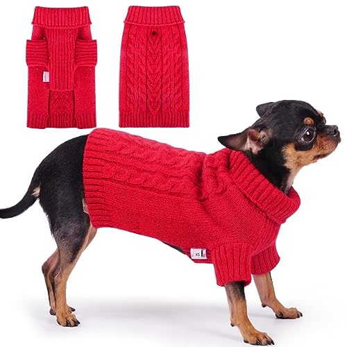 Frienperro Hundepullover für kleine Hunde, Welpenpullover Pailletten Zopfmuster Pullover Winter Rollkragen Hundeoutfit Warmer Hund Weihnachtspullover für Katze Chihuahua Rot XXS von Frienperro