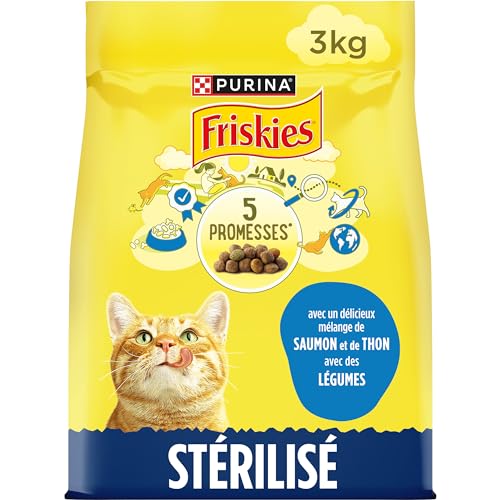 FRISKIES Sterilisierte Katzen mit Lachs und Gemüse – 3 kg – Trockenfutter für ausgewachsene Katzen von Friskies