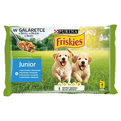Nestle Polska Friskies Dog Sasz Trockenfutter für Hunde, 4 x 100 g Junior-Kura, Peas en Jelly / 20 von Friskies