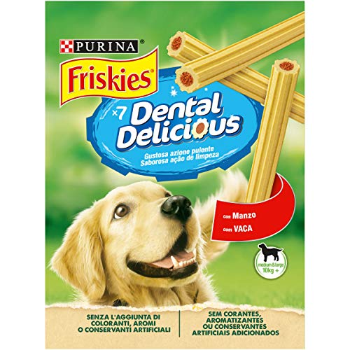 PURINA FRISKIES Dental Delicious Snack für die Mundhygiene für Erwachsene Hunde Stick mit Rind, 6 Packungen à 200 g von Friskies