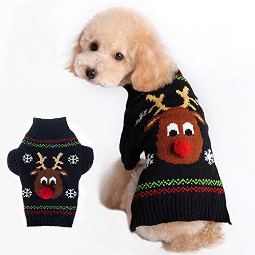 Frmarche Hundemantel Pullover Herbst Winter Warm Hund Elk Kleidung Schneeflocke-Muster Rentier Weihnachten Elch Jacke (Schwarz, L) von Frmarche