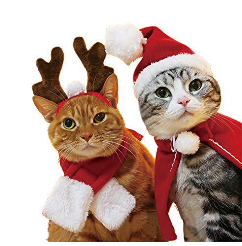 Frmarche Katzen Weihnachtsmütze Schal Rentier Stirnband Umhang Weihnachtskostüm für Katze, Einheitsgröße, Rot, Polyester von Frmarche