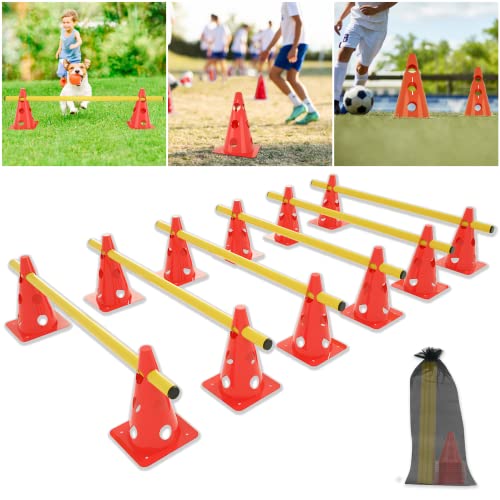 Froadp 6er Set Agility Sports Steckhürdenset Kegelhürden Hindernisse Koordinationstraining mit Rot 32cm Schildereimer Kegel und Gelb 100cm Stange Hindernisse für Kinder or Hunde zum Springen Training von Froadp