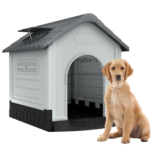 Froadp Hundehütte Kunststoff Hundehaus mit Lüftungsgitter, Oberlicht und Erhöhtem Boden Haustierhaus 105 x 89 x 99 cm Wetterfest und Isoliert Haustierhütte für Draußen und Drinnen, Grau von Froadp