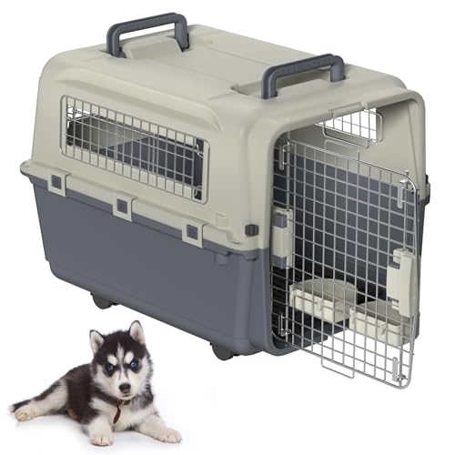 Froadp Transportbox für Haustiere Hund Katze Hundebox aus PP Kunststoff 67x51x58.5cm Katzentransportbox Hundetransportbox mit Rädern & Urinabstandshalter & Hängende Fressnäpfe Katzenbox von Froadp