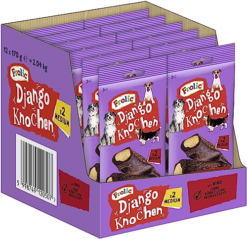 Frolic Hundesnacks Hundeleckerli Django Medium Knochen für mittelgroße Hunde 10-25kg mit Rind, 24 Stück (12 x 2 Stück) von Frolic