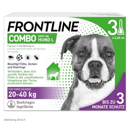 FRONTLINE Combo Hund L gegen Zecken, Flöhe & Haarlinge (große Hunde 20 bis 40 kg) - 3X Pipetten für bis zu 3 Monate Schutz - auch gegen Floheier, Larven & Puppen im Haushalt - wasserfest von FRONTLINE