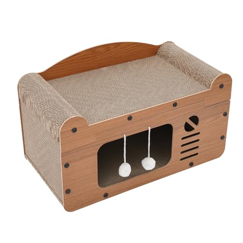 56 * 30 * 32cm Katzenhaus Cat Bed Board mit Katzenkratzbrett, Katzenhaus mit flauschigem Spielball und Kratzbrett inkl Spielbällen für kleine mittlere Haustiere Innenruhe von Froulaland