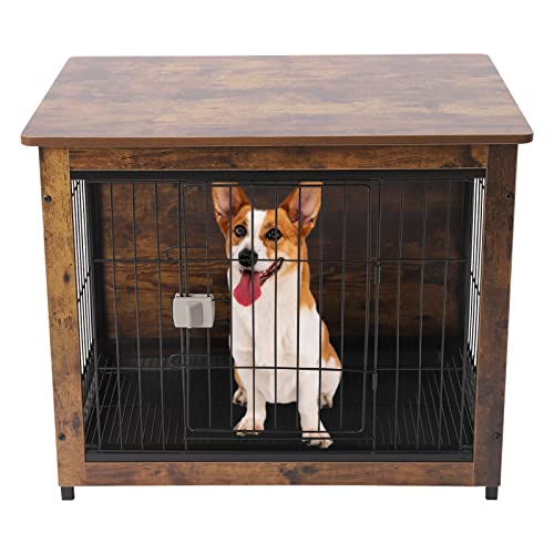 Hundekäfig Hundebox Vintage Holz Hundehütte Indoor mit Tischplatte abschließbarer Tür & Schublade, Indoor Hundebox für kleine Hunde Hundehütte Hundehaus für Zuhause, Vintagebraun 80x65x55cm von Froulaland