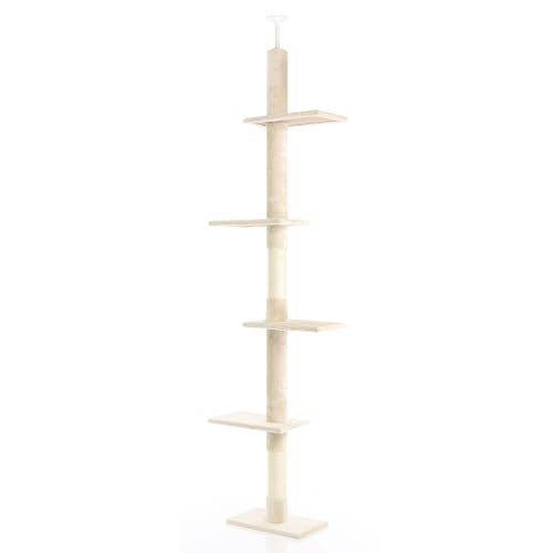 Fudajo Kratzbaum deckenhoch 230–276 cm in Beige, Katzenkratzbaum mit 4 Ebenen, Katzenbaum Deckenspanner höhenverstellbar, Katzenmöbel mit Sisal von Fudajo