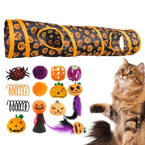 Fukamou Haustier-Katzentunnelröhre, Katzenspielzeug-Set Mit Tunnel,Peekaboo- Katzenhöhle Halloween-Themen-Katzenröhren - Aktivitätscenter Mit Kürbismuster Für Kleintiere, Kätzchen Und Katzen von Fukamou