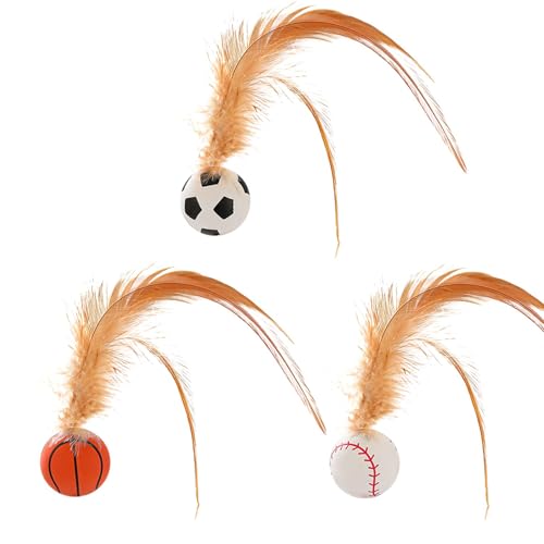 Fukamou Hüpfbälle Für Kätzchen, Federbälle Für Katzen,3 Stück Gummi-Katzen-Sprungspielzeugbälle - Unterhaltungs-Beißspielzeug Mit -Federn Für Indoor-Outdoor-Interaktion, Kautraining, Jagd Und Bewegung von Fukamou