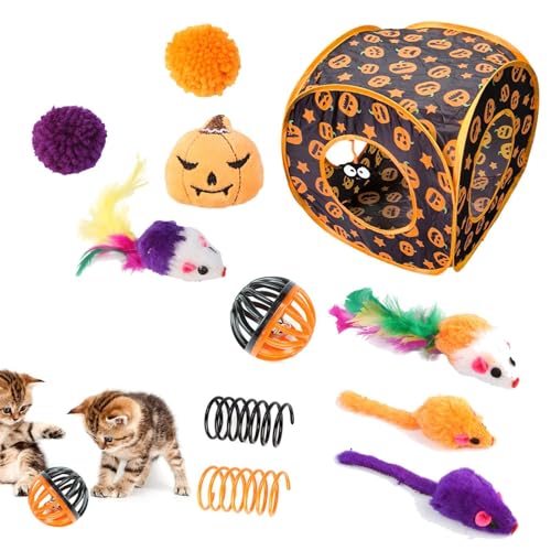 Fulenyi Katzenspielzeug Set Halloween Kürbis Würfel Katzenminze Spielzeug Set Verstecken Katzenspielzeug Federspielzeug Katzenspieltunnel für kleine Haustiere Kaninchen Kätzchen von Fulenyi