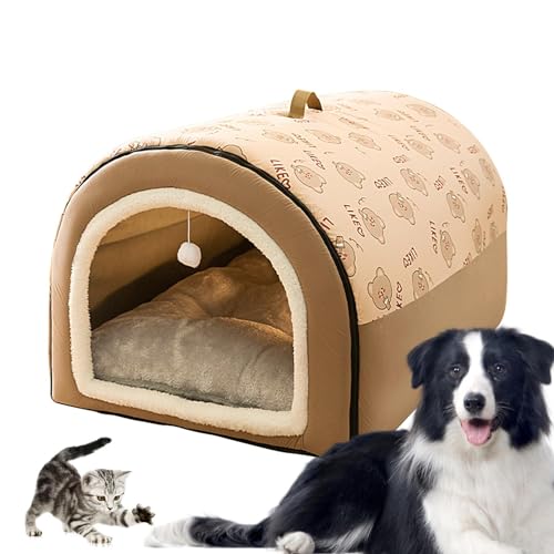 Höhle Hundebett - 2 in 1 Abnehmbares überdachtes Katzenbett mit Kugelanhänger - Flanell Katzenversteck Katzennest Haus Hundebetten für große Hunde Katzenhöhlen für Indoor Katzen Hundebett mit Höhle von Fulenyi