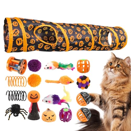 Katzentunnel mit Spielzeug, Spieltunnel für Katzen – Peekaboo Cat Cave Katzenröhre mit Halloween-Thema | Aktivitätszentrum mit Kürbismotiv, interaktives Spielzeug für kleine Tiere, Katze von Fulenyi