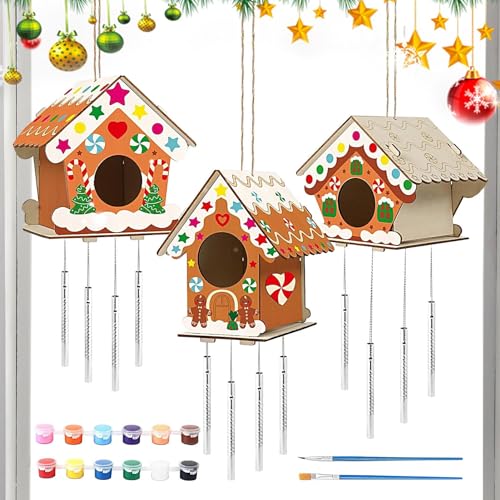 Vogelhaus aus unvollendetem – unvollendete Vogelhäuser für das Handwerk, Windspiel, Christmas Craft House 12 Farben, 2 Pinsel, 2 Schnüre, 3 Holzspäne Love von Fulenyi