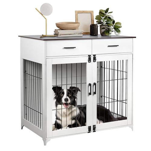 Fulgutonit Hundebox für Zuhause, Mittlere Hundekäfig Möbel mit 2 Schubladen, Schwerlast Hundehütte Indoor Hölzerne Hundekiste, Hundekäfig für Kleine Mittlere Hunde Zuhause, 93x60x90CM von Fulgutonit