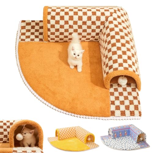 Cat Tunnel Bed, Katzentunnel Katzenbett, Katzentunnel und Bett, 2-in-1-Katzentunnel Mit Lustigem Plüsch-Karomuster, Katzenbett Klappbar mit Flauschigem Spielzeugball von FulnES