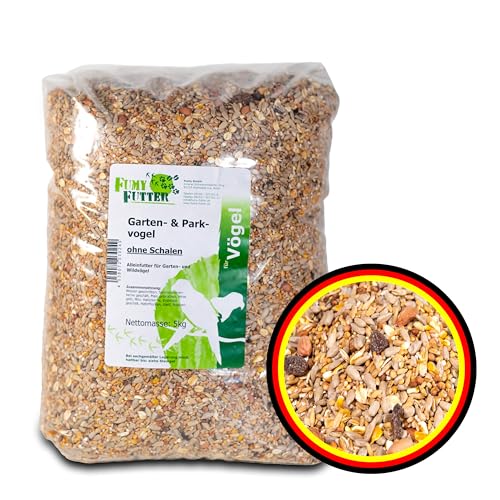 FumyFutter Garten- & Parkvogel, Premium Wildvogelfutter ideal zur Brutzeit ohne Schalen mit Erdnüssen und Rosinen, ganzjähriges kerniges Vogelfutter mit Proteinen für Wildvögel und Gartenvögel (5kg) von FumyFutter