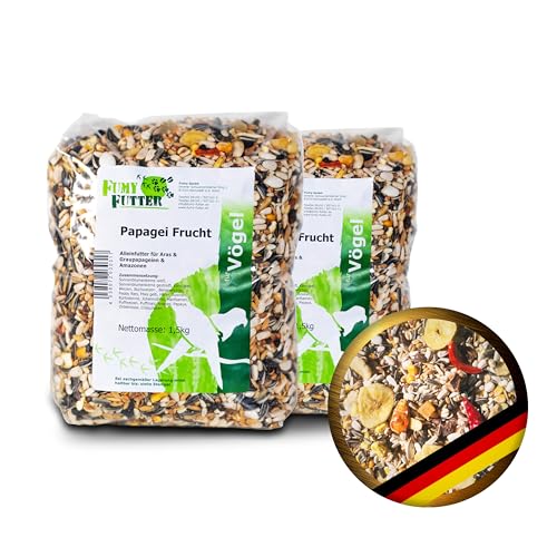 FumyFutter Papagei Frucht Mix, Exklusives Alleinfutter, Premium-Vogelfutter für Aras, Graupapageien und Amazonen, mit Früchten, Nüssen und Chilis verfeinert (2X 1,5kg) von FumyFutter