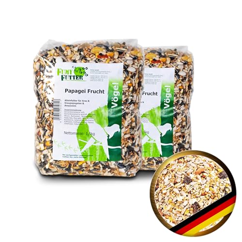 FumyFutter Papagei Frucht Mix, Exklusives Alleinfutter, Premium-Vogelfutter für Aras, Graupapageien und Amazonen, mit Früchten, Nüssen und Chilis verfeinert (2X 1,5kg) von FumyFutter