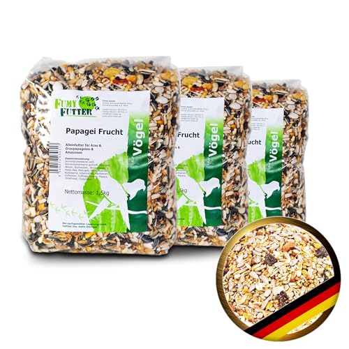 FumyFutter Papagei Frucht Mix, Exklusives Alleinfutter, Premium-Vogelfutter für Aras, Graupapageien und Amazonen, mit Früchten, Nüssen und Chilis verfeinert (3X 1,5kg) von FumyFutter