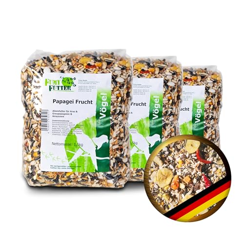 FumyFutter Papagei Frucht Mix, Exklusives Alleinfutter, Premium-Vogelfutter für Aras, Graupapageien und Amazonen, mit Früchten, Nüssen und Chilis verfeinert (3X 1,5kg) von FumyFutter