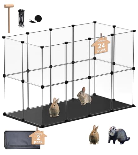 FunHola 2 Etagen DIY Haustier Laufstall mit 2 wasserdichten waschbaren Matten, L, Kleintiergehege, Haustierzaun Innen, DIY Kunststoffgehege für Hamster, Meerschweinchen, 24 Stück Transparente von FunHola