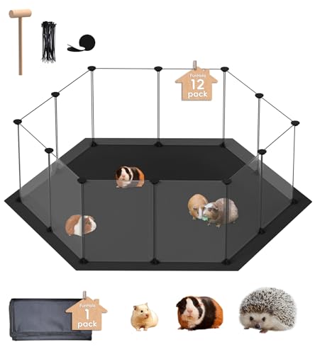 FunHola DIY Sechseck Haustier Laufstall mit wasserdichter waschbarer Matte, Kleintiergehege, Haustierzaun Innen, DIY Kunststoffgehege für Hamster, Meerschweinchen, 12 Stück Transparente von FunHola