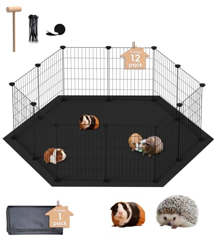 FunHola DIY Sechseckiges Haustier-Laufstall mit wasserdichter waschbarer Matte, Kleintiergehege, Haustierzaun im Inneren, DIY-Gehege für Hamster, Meerschweinchen, 12 Stück Paneele (L - 126 x 40,9 cm, von FunHola