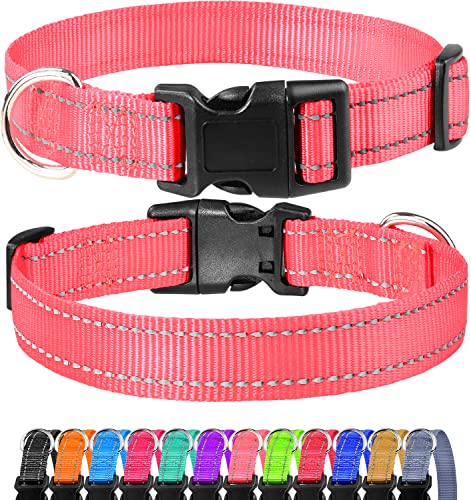 FunTags Reflektierendes Hundehalsband, stabile Nylon-Halsbänder für Welpen und extra kleine Mädchen- und Jungen, verstellbares Hundehalsband mit Schnellverschluss-Schnalle, Neonrosa, 1,9 cm breit von FunTags