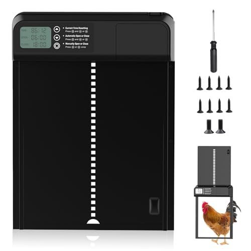 Automatische Hühnerklappe,Aluminiumlegierung Hühnertür,Elektrische Hühnerklappe,Automatische Hühnerstalltür mit Timer,manuelle,und Wasserdicht Großes Display,Batterie,Intelligenter Einklemmschutz von Funmo