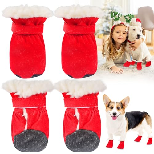 Funmo Winter Hundeschuhe,4 Stück rutschfeste Plüsch Hundestiefel,Pfotenschutz für Hunde,Hundeschuhe für Outdoor,Bequeme Atmungsaktive(Größe 5.5 x 4.9 cm L*W) von Funmo