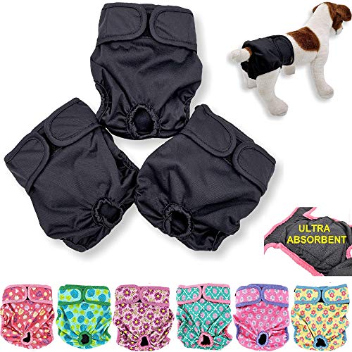 3 oder 6 Hündinnen Windeln mit 4 Schichten saugfähiger Pads Katze Höschen Wasserdicht Auslaufsicher Waschbar (L: Taille 50,8 cm - 66 cm, 3 Stück schwarz) von FunnyDogClothes