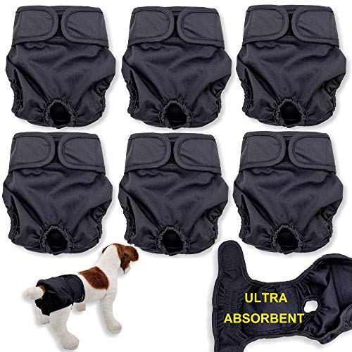 3 oder 6 Hündinnen Windeln mit 4 Schichten saugfähiger Pads Katze Höschen Wasserdicht Auslaufsicher Waschbar (M: Taille 40,6 cm – 50,8 cm, 6 Stück schwarz) von FunnyDogClothes