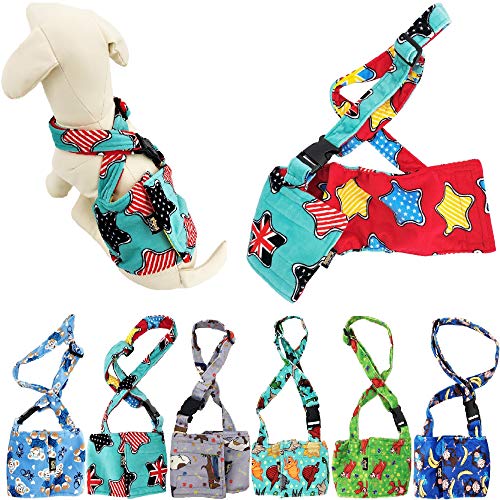 FUNNYDOGCLOTHES Hundewindel für männliche Jungen, Bauchband, wiederverwendbar, waschbar, mit Hosenträgern, weiches Fleece (Sternrot/grün, wendbar, Größe S: Taille 25,4 cm – 33 cm) von FunnyDogClothes