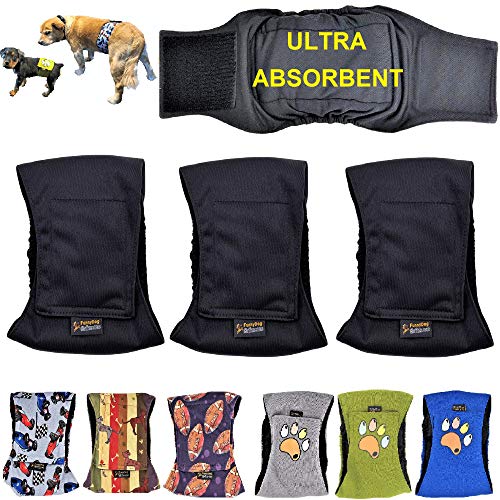 FunnyDogClothes 3 oder 6 Stück männliche Hundewindeln 4 Schichten absorbierende Pads Wasserdicht Auslaufsicher Bauchband Wickel Waschbar (XL:Taille 50,8 cm - 66 cm, 3 Stück schwarz) von FunnyDogClothes