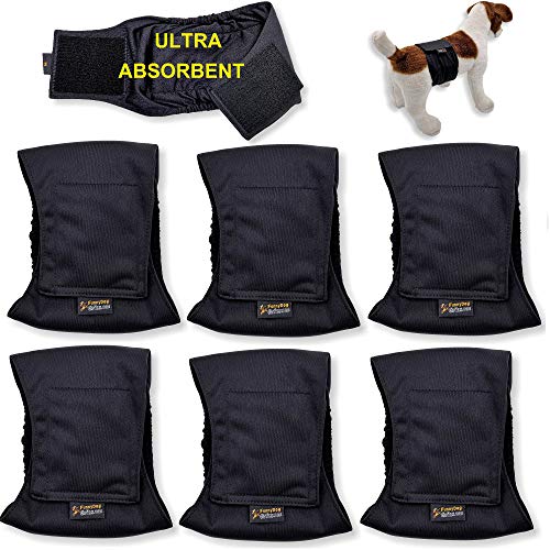 FunnyDogClothes 3 oder 6 Stück männliche Hundewindeln 4 Schichten saugfähiger Pads Wasserdicht Auslaufsicher Bauchband Wickel Waschbar (M: Taille 30,5 cm – 40,6 cm, 6 Stück schwarz) von FunnyDogClothes