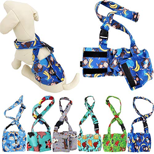 FunnyDogClothes Hundewindel für männliche Jungen, Bauchband, wiederverwendbar, waschbar, mit Hosenträgern, weiches Fleece (Größe M: Taille 33 cm – 40,6 cm, blauer Affe) von FunnyDogClothes