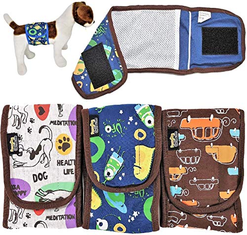 FunnyDogClothes Set – 3 Stück Hundewindeln für männliche Jungen, Bauchband, wiederverwendbar, waschbar für kleine Hunderassen (grau-braun-blau, XS: Taille 22,9 cm – 25,4 cm) von FunnyDogClothes