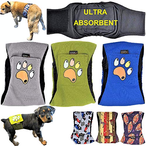 FunnyDogClothes Windeln für Hunde, 4 Schichten absorbierender Pads, wasserdicht, auslaufsicher, waschbar, 3 Stück, L: Waist 16" - 20", Solid with Paw von FunnyDogClothes