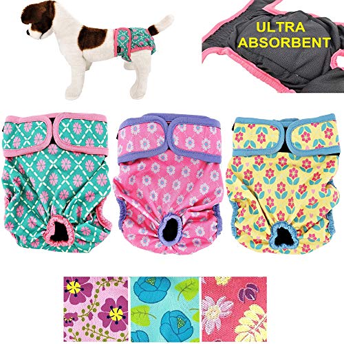 Hündinnen Windeln mit 4 Lagen saugfähiger Pads, Katzen-Höschen, wasserdicht, auslaufsicher, waschbar, Größe M: Taille 40,6 cm – 50,8 cm, Neon-Muster, 3 Stück von FunnyDogClothes