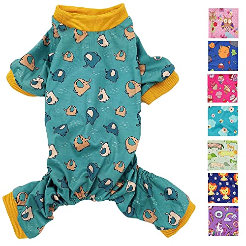 Hunde-Pyjama, Hunde Kleider, weiche Baumwollmischung, Jumpsuit für kleine und mittelgroße Haustiere (grüne Elefanten, L: Länge 45,7 cm, Brustumfang 55,9 cm – 66 cm) von FunnyDogClothes